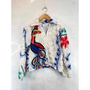 Vtg 80s DAMZE San Diego Chenille Tufted Jacket Full Zip Size Small Peacock Flaws